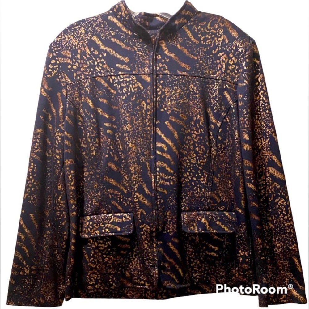 Alferd Dunner~Women’s Tiger Striped Blazer Dark Blue/Gold Size 14